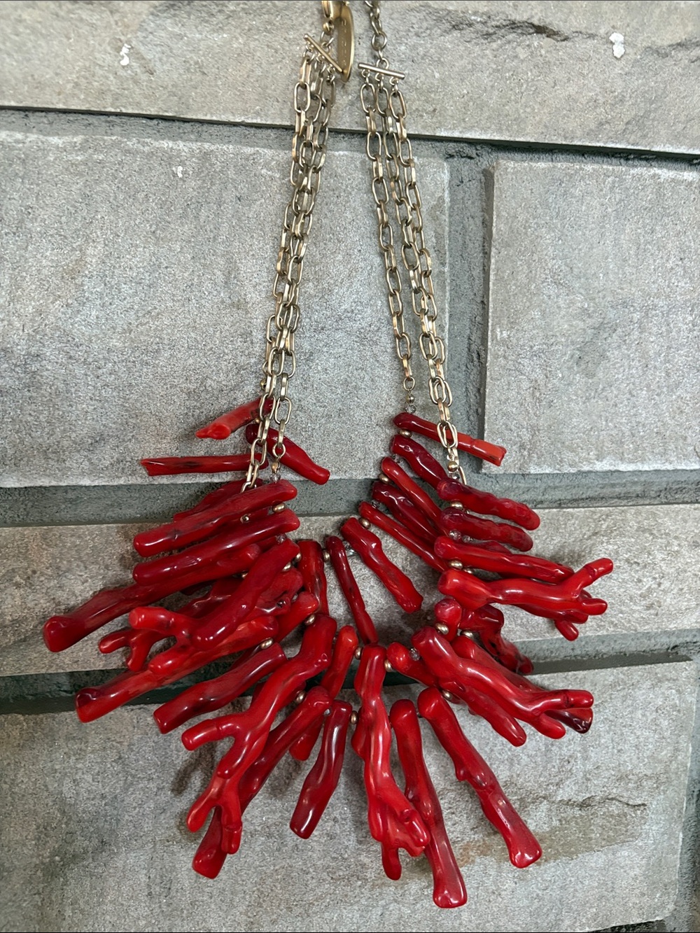 Chico's Red Coral Branch Bib Necklace with Silver Chain